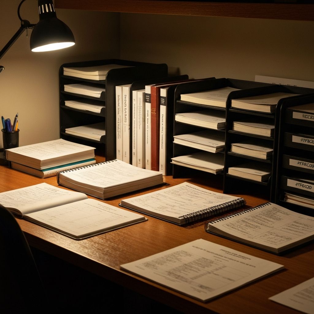 Forschungsarbeitsplatz mit Notizbüchern und Dokumenten auf Holztisch mit wissenschaftlicher Beleuchtung