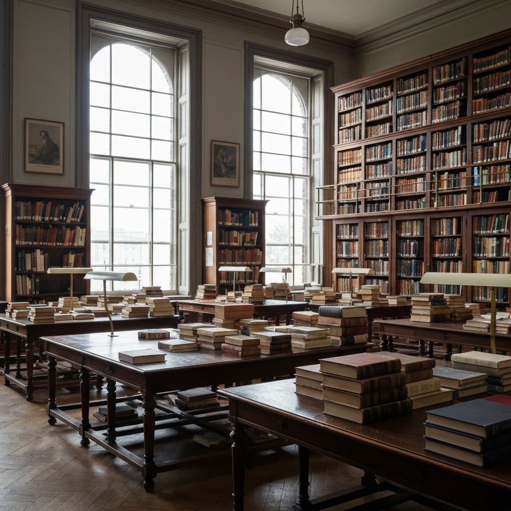 Forschungsinstitut mit Bücherregalen, warmem Licht und akademischer Atmosphäre
