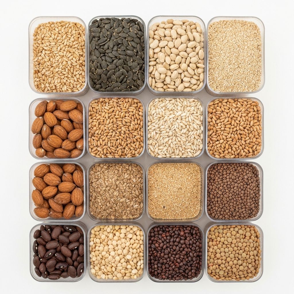 Vielfalt von Nüssen, Samen, Körnern und Leguminosen in organisierten Behältern
